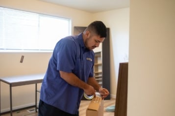 Professional mover carefully packing fragile items for a residential move